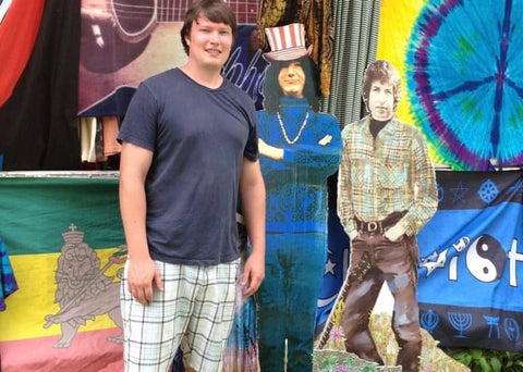 Amazonian SkinFood Founder in Woodstock, New York with Jerry Garcia and Bob Dylan cardboard cutouts