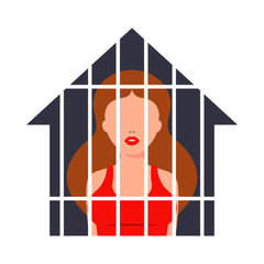 Lady with red vest and red lipstick behind bars house arrest