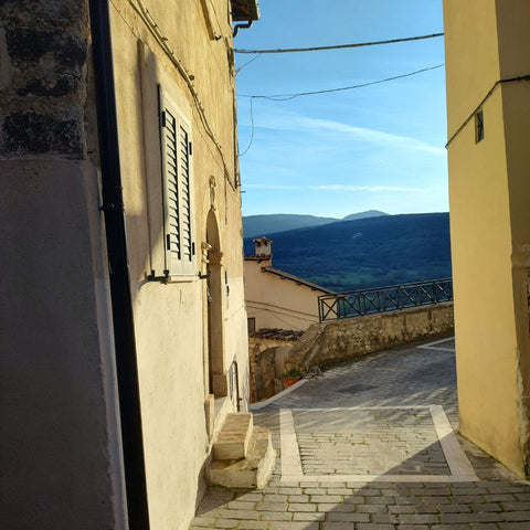 Italian Houses overlooking the Italian countryside, cobblestone narrow streets