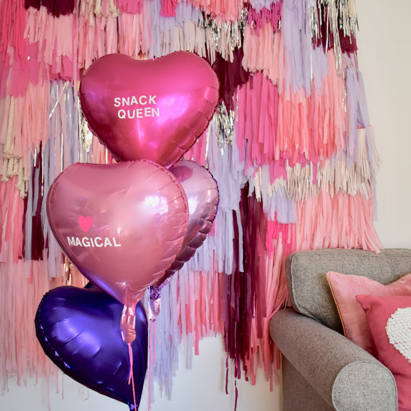 valentines balloons, red pink purple balloons, diy conversation heart 