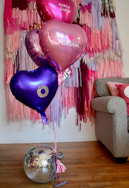 valentines balloons, red pink purple balloons, diy conversation heart 