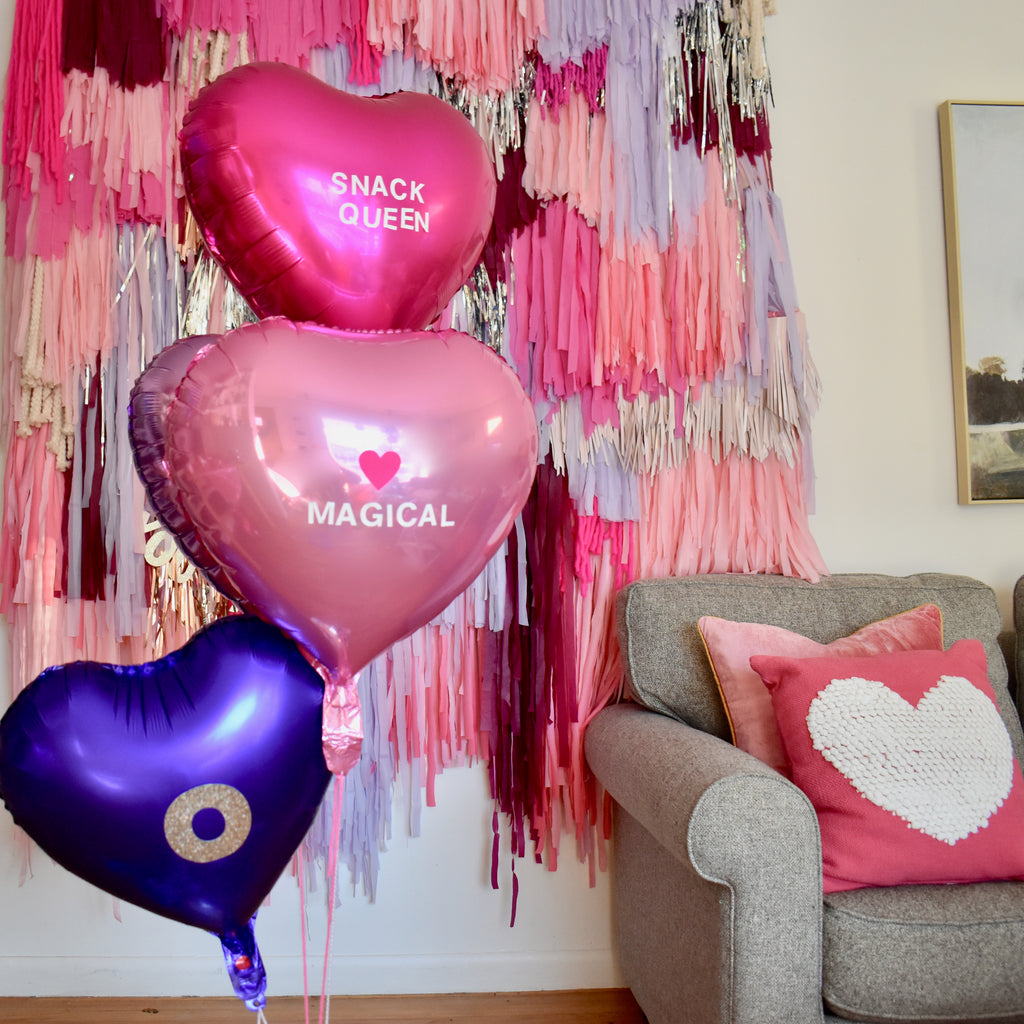 valentines day balloons pink balloons, conversation heart, diy 