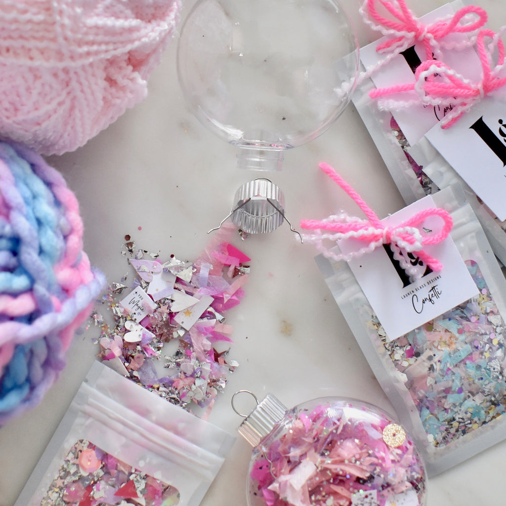 DIY Confetti Ornament spring colors, yarn, confetti for party, pink, ways to use confetti, ornament lauren glass  designs, pretty packaging, pastel bright colors 