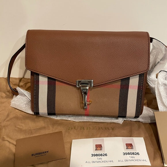 Burberry Small Macken Crossbody in House Check and Brown Derby Leather