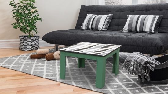 Learn how to stencil and paint an old wooden side table using the Prism Geometric Stencil from Cutting Edge Stencils. http://www.cuttingedgestencils.com/products/prism-stencil-geometric-wall-pattern