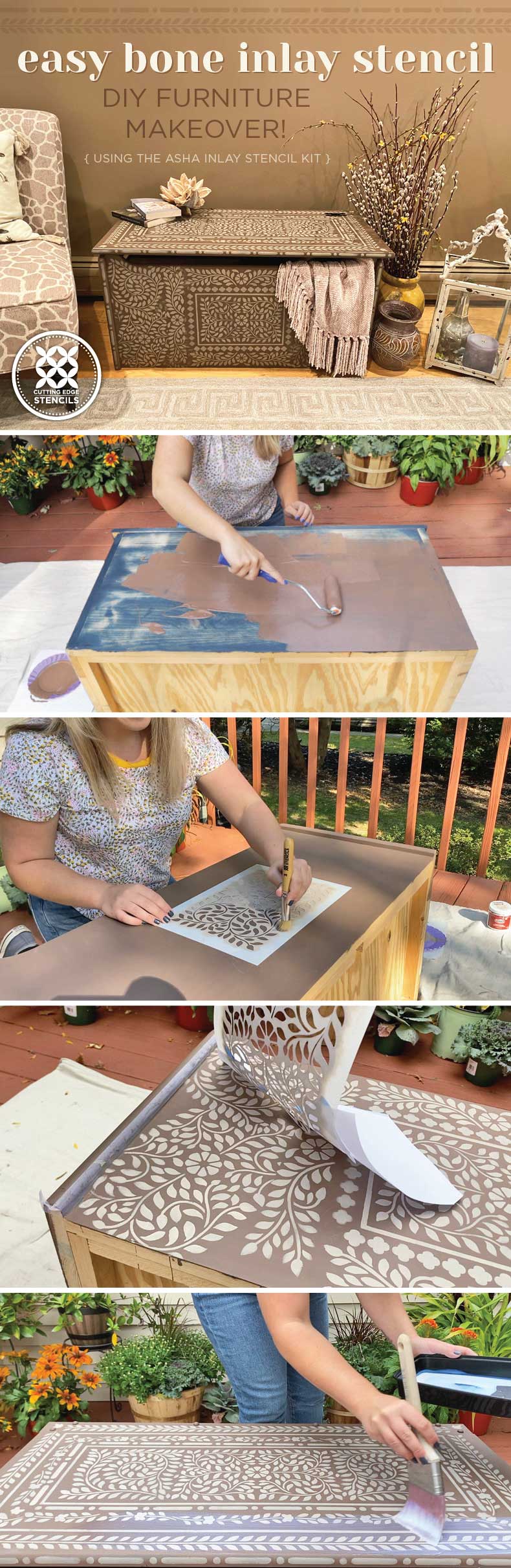 painting wooden trunk with inlay stencil