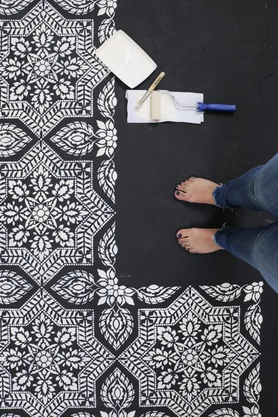 Learn how to paint and stencil a faux tile pattern on a cement floor using the Alhambra Tile Stencil. http://www.cuttingedgestencils.com/products/alhambra-tile-stencil-asulejos-spanish-tile-wallpaper
