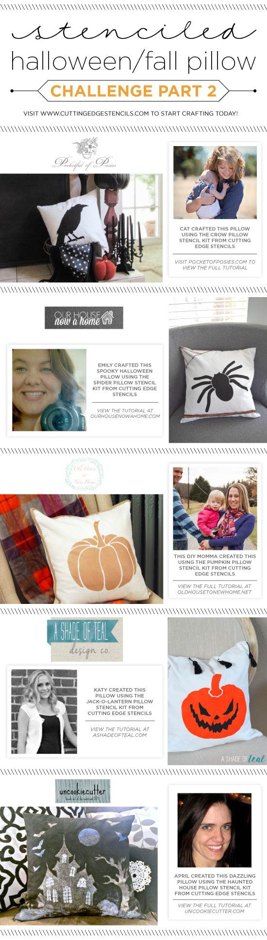 Cutting Edge Stencils shares DIY stenciled accent pillow ideas using Halloween and Fall themed stencils. http://www.cuttingedgestencils.com/collections/accent-pillow-stencil-kits