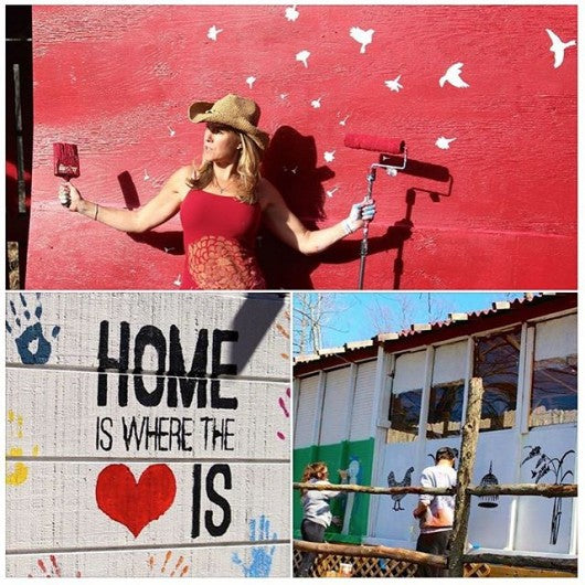 DIY stenciled outdoor project using Cutting Edge Stencils at Tevaland Petting Farm. http://www.cuttingedgestencils.com/products/home-is-wall-quote-stencil