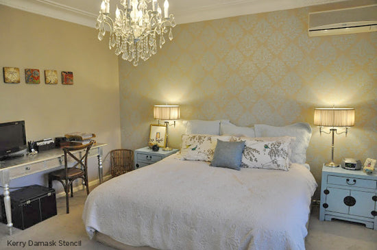 Stenciled bedroom featuring the Kerry Damask pattern from Cutting Edge Stencils. http://www.cuttingedgestencils.com/products/wall-damask-kerry