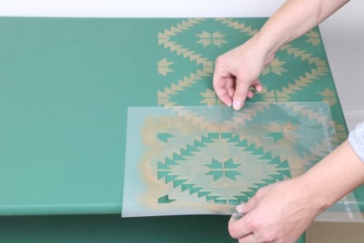 Learn how to makeover an old wooden coffee table using Benjamin Moore Paint, Modern Masters Paint, and the Maestro Tile Stencil from Cutting Edge Stencils. http://www.cuttingedgestencils.com/products/geometric-tile-stencil-painted-backsplash-stencils-cement-tile
