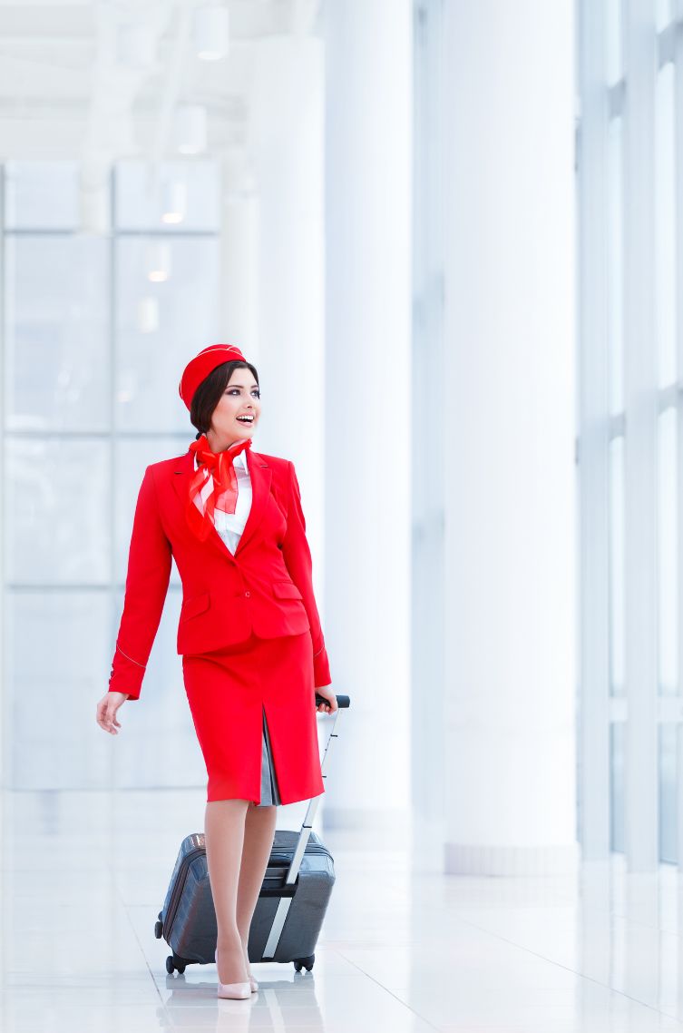 Female flight attendant wearing red uniform and white sheer tights
