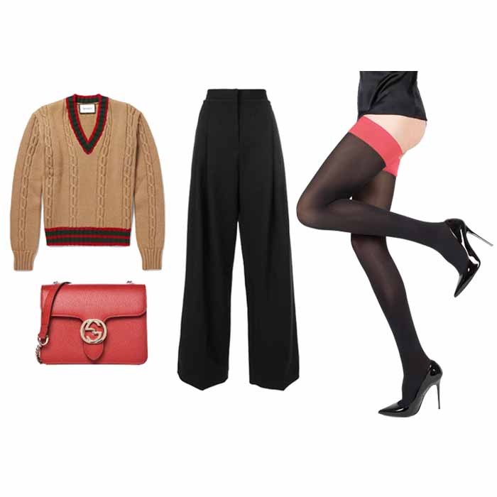 Gucci sweater, black pants and tights