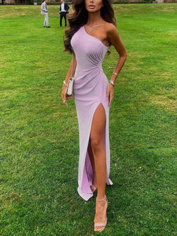 One-Shoulder Pleated Slit Party Gown