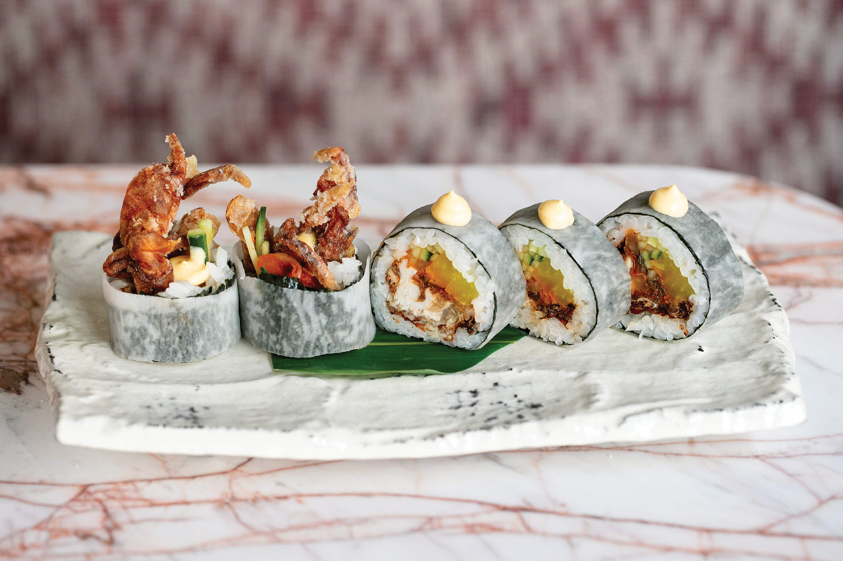 GUNPOWDER ROLL: SOFT SHELL CRAB FUTO MAKI WITH TAKUWAN, CUCUMBER, KIMCHI.