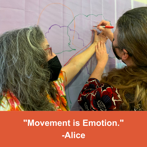 A woman traces another woman's outstretched arm.