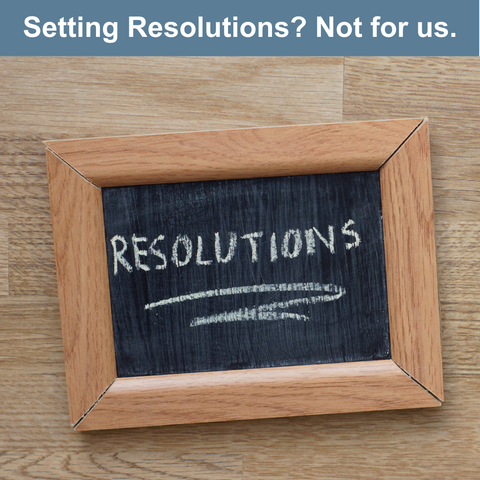 Setting resolutions? Not for us. Image of chalkboard with Resolutions written on it.