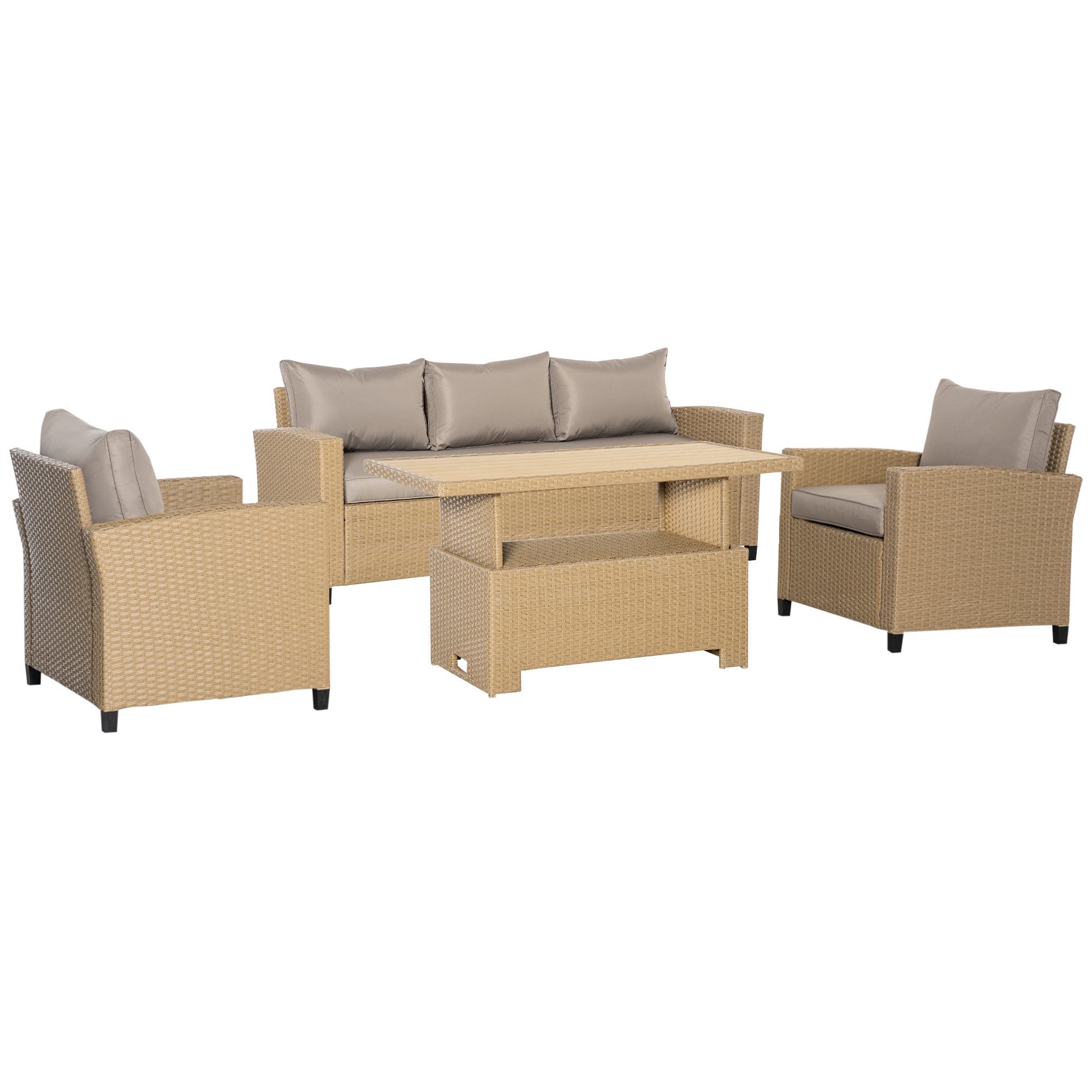 5-Seater Garden PE Rattan Sofa Set, Patio Wicker Aluminium Frame Conversation w/ Wood Grain Plastic Table, Khaki - Bedzy product image