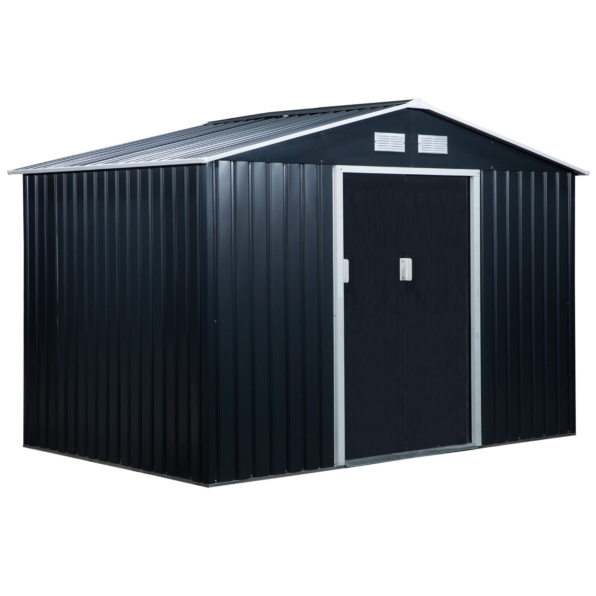 9 x 6FT Outdoor Garden Roofed Metal Storage Shed Tool Box with Foundation Ventilation & Doors, Dark Grey - Bedzy product image