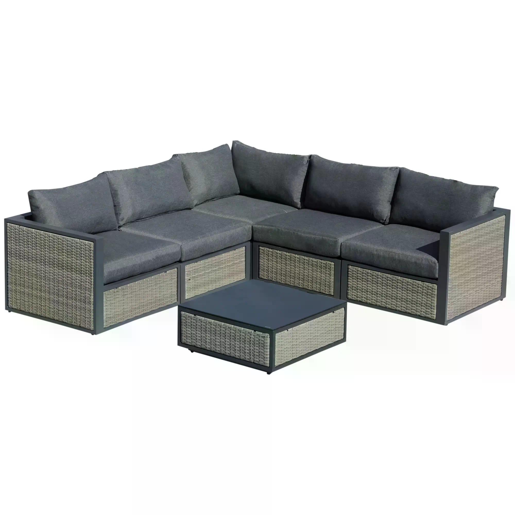 5-Seater Garden PE Rattan Sofa Sofa Set w/ Coffee Table and Padded Cushion, Grey - Bedzy product image