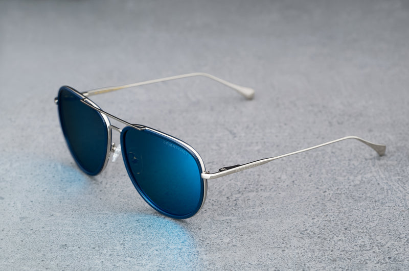 Blue and silver aviator style sunglasses