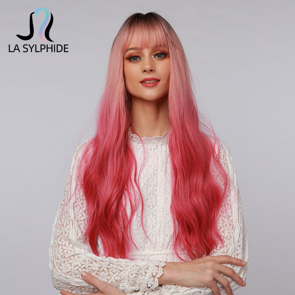 Halloween Cosplay Wig Long Wave Ombre Pink Synthetic Hair Wigs for Woman Heat Resistant Fiber Wig