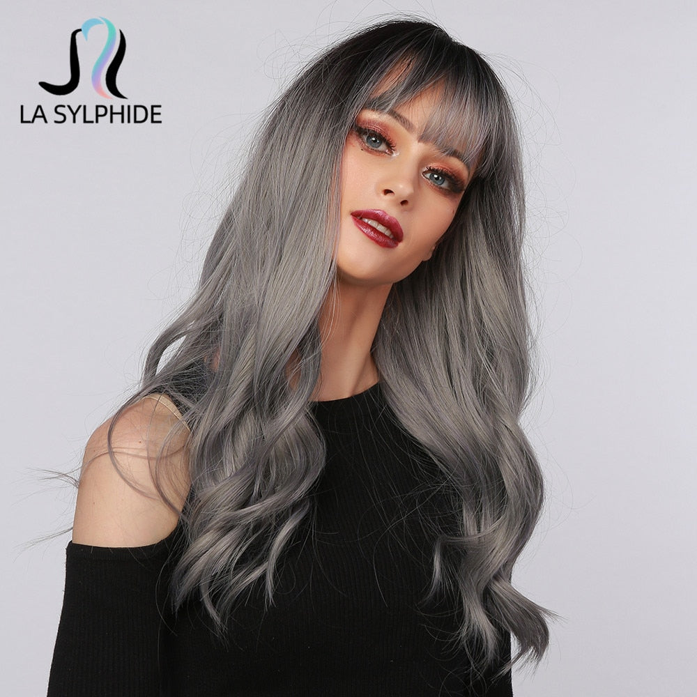Halloween Cosplay Wig Long Nature Wave Root Black Ombre Grey Silver Synthetic Wigs with Bangs for Woman Party wigs