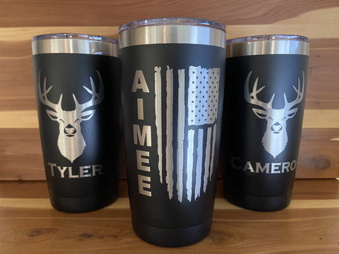 Black Tumblers, Deer Head, American Flag, Travel Mug, custom, laser engraved, personalized