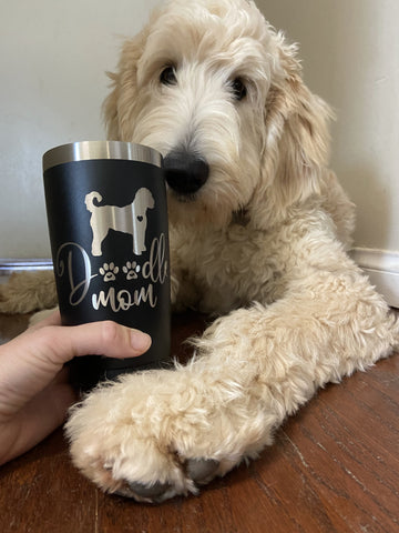 Doodle Mom Black Cup with Goldendoodle Dog, custom, laser engraved, personalized