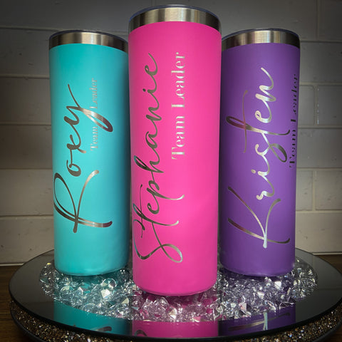 Teal, pink, purple tumblers, custom, laser engraved, personalized