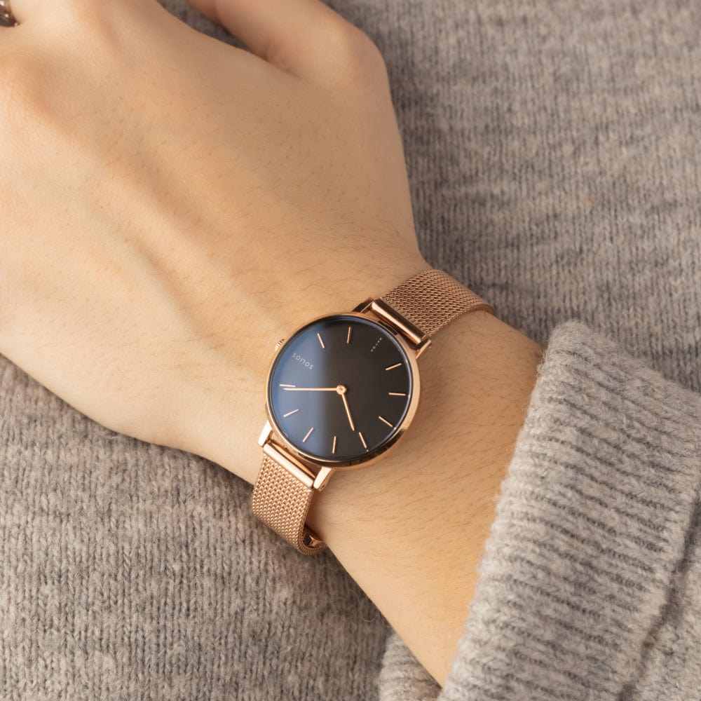 The Solar Mini | Black Dial - Rose Gold Case | Rose Gold Mesh