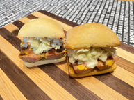 Jalapeno Cheddar Kielbasa Sliders made with our Bourbon Mustard recipe and Dickey's Jalapeno Cheddar Kielbasa smoked sausage