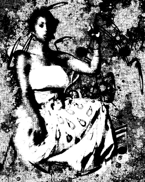 Art by Blackbodymother, a Black Woman of Color sitting calmly with a raised fist.  Black and White cloth like texture with music notes in the distorted background.  ESJ Fine Art, Afro-Digital Artisan