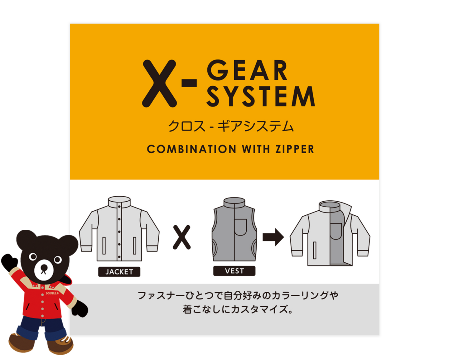XGEARSYSTEM　ファスナーひとつで自分好みのカラーリングや着こなしにカスタマイズ。
