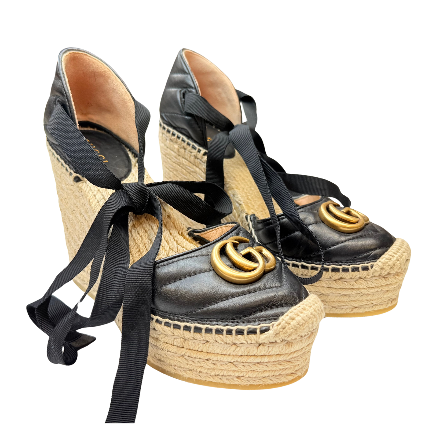 Gucci Nappa Matelasse GG Marmont Ankle Wrap Espadrille Wedges