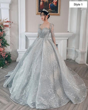 Load image into Gallery viewer, Modern sparkly grey/silver long or cap sleeves ball gown wedding/prom dress with glitter tulle C2157
