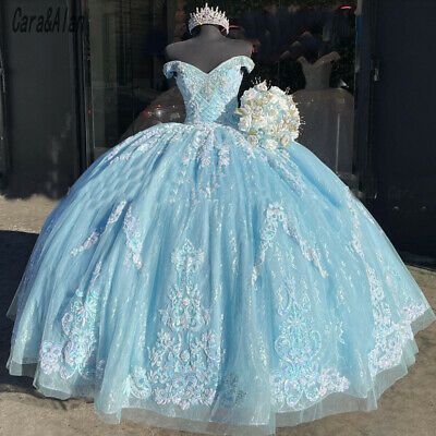 Blue Ball Gown Quinceanera Dresses Off Shoulder Long Sleeve Corset Sweep  Train