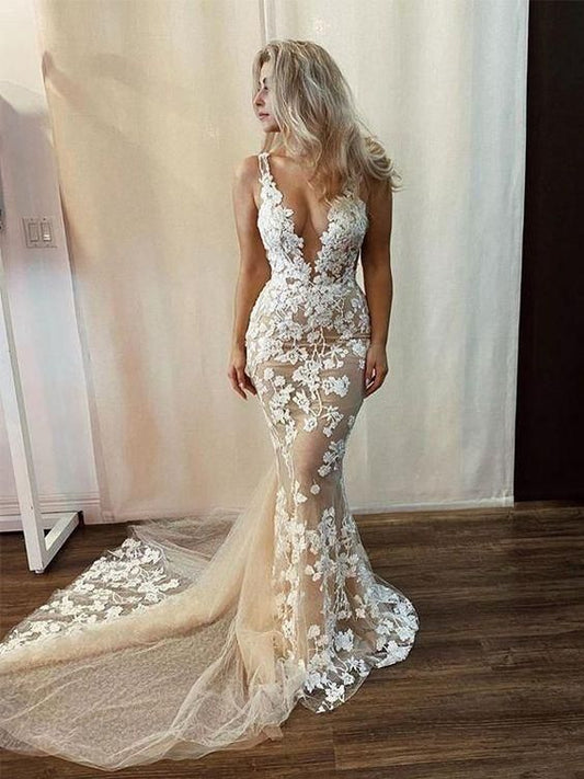Sexy Deep V-neck Lace Appliqued Mermaid Long Prom Dresses Sexy Champagne White Lace V-neck Open-back Long Tail Mermaid Wedding Dress C826