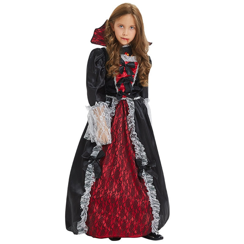 2022 New Summer Children Witch Costume Bow Lace Lace Halloween Carnival Cosplay Vampire Ball Costume Long Skirt Party Dress