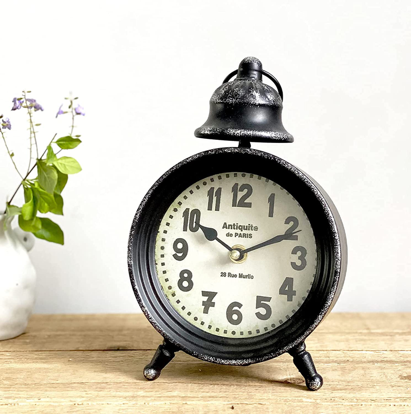 Rustic Black Single Bell Table Clock on Stand,Decorative Metal Desk and Shelf Clock,Vintage Mantel Clock for Kitchen,Living Room - Silent Non Ticking Battery Operated