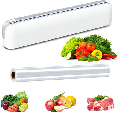 Plastic Wrap Dispenser, Bamboo Wood Cling Food Wrap Dispenser, with Slide  Cutter & A Roll of 11.5 x300 ft BPA Free Plastic Wrap, Reusable & Sturdy