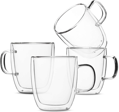 BNUNWISH Double Wall Glasses Clear Coffee Mugs Tea Cups Set of 4-8OZ,  Insulated and No Condensation with Big Handle