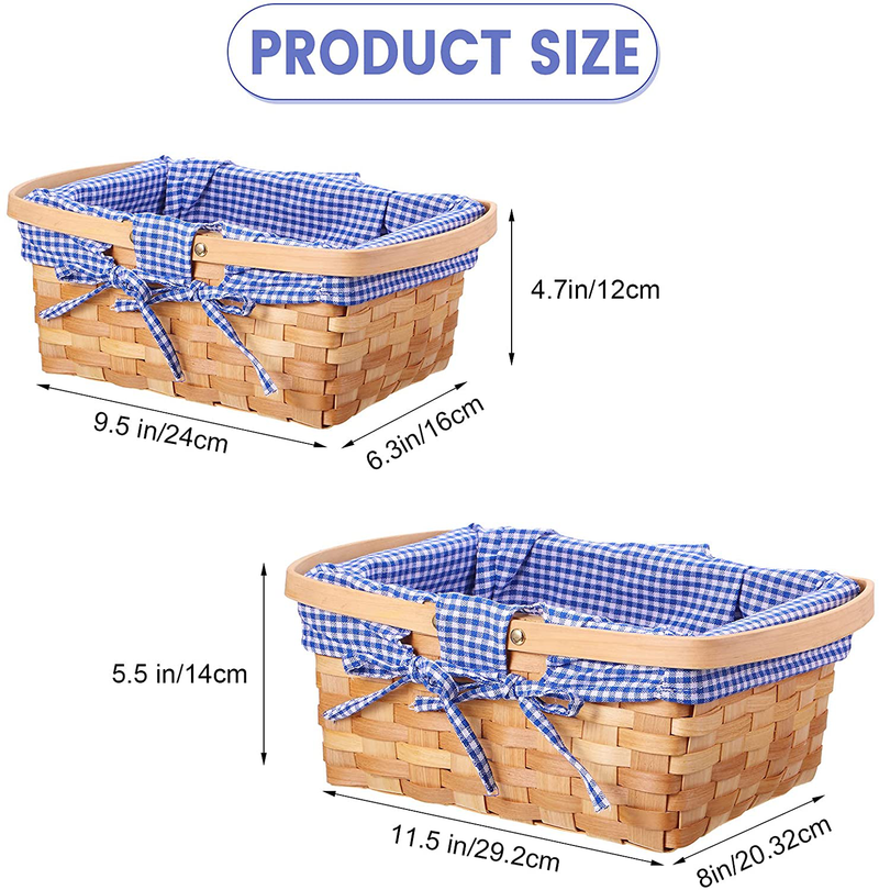 2 Pieces Different Sizes Picnic Baskets Natural Woven Basket with Double Folding Handles, Woodchip Basket Easter Basket for Easter Egg Candy Halloween Children&