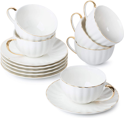 DUJUST Tea Cups and Saucers with Golden Trim,Set of 6 (8.5 oz), Luxury Relief Printing Coffee Cups with Metal Stand, British Royal Porcelain Tea