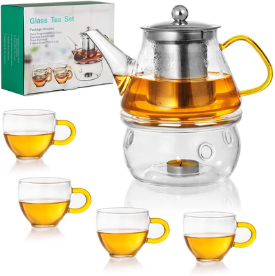 Teabloom Stovetop Safe Glass Teapot with Removable Infuser (40oz/1200ml)  and Four Double Walled Glass Cups (5oz/150ml) - Classica Tea Set 