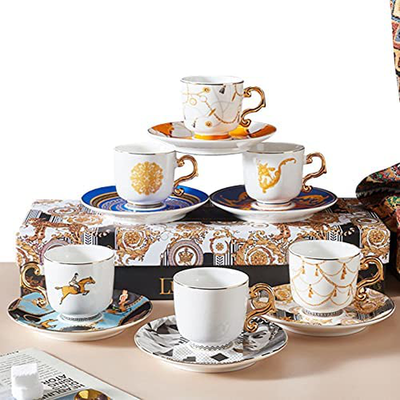 Fancy Turkish Coffee Cups Set of 6, Turkish Porcelain Espresso Small Mugs  with Saucers, 18 Pieces Gift Box Demitasse Set