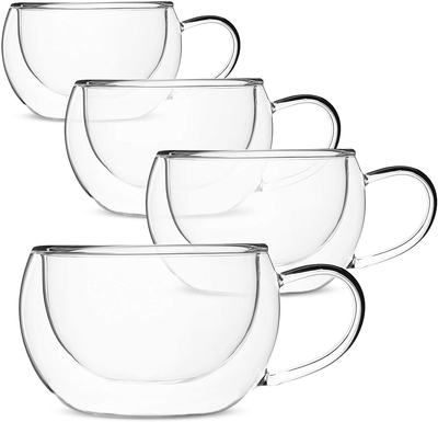 BNUNWISH Double Wall Glasses Clear Coffee Mugs Tea Cups Set of 4-8OZ,  Insulated and No Condensation with Big Handle