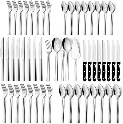 LIANYU 53-Piece Matte Black Silverware Set with Steak Knives and Serving  Utensils, Modern Stainless Steel Flatware Cutlery Set for 8, Fancy Eating