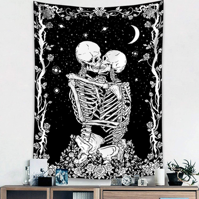 Haibimen Skull Tapestry Wall Hanging, Black and White Tapestry Skulls Kissing Lovers Skeleton Goth Tarot Ouija Dark Wall Decor for Bedroom (30‘’×40‘’)