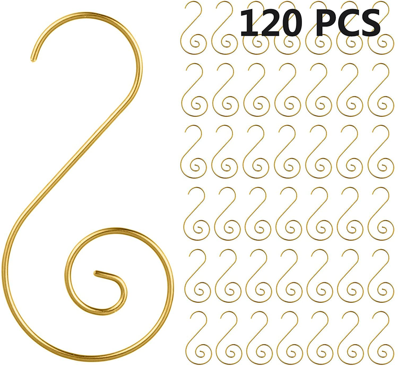 MEETCUTE 120 PCS Christmas Ornament Hooks - 2" Long Christmas Tree Decorating Metal Wire S-Shape Spiral Christmas Holiday Ornament Hanger Hooks for Hanging Decorations (120pcs Gold)